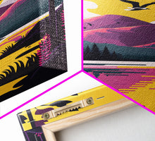 Load image into Gallery viewer, Colorful Pop Art Picture of a Mountain and Forest Landscape, Framed Canvas Print, Surrealist High Contrast Cel Shaded Landscape Art
