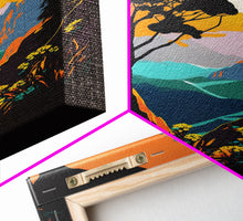 Load image into Gallery viewer, Colorful Pop Art Picture of a Mountain and Forest Landscape, Framed Canvas Print, Surrealist High Contrast Cel Shaded Landscape Art
