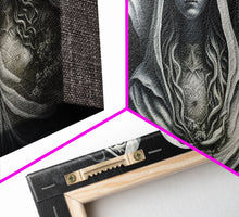 Load image into Gallery viewer, The Norns, Norse Mythology, Weavers of Fate, Framed Canvas Print,  Urðr, Verðandi, and Skuld, Black and White Norse Fantasy Art
