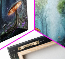 Load image into Gallery viewer, Magical Enchanted Mushroom Forest, Fantasy Art, Framed Canvas Print, Bioluminescent Butterflies in an Enchanted Forest, Glowing Art
