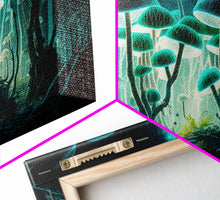 Carregar imagem no visualizador da galeria, The Forest Floor, Framed Canvas Print, Glowing Mushrooms, Bioluminescent Mushroom Art, Color fantasy wall art
