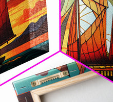 Carregar imagem no visualizador da galeria, Art Deco Stained Glass Sail Boat Wall Art | Framed Canvas Print | Nautical Art | Seascape Art | Beach House Decor

