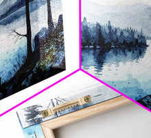 Load image into Gallery viewer, Blue Lagoon, Pacific Northwest Lake Art, Framed Canvas Print, Blue Wall Art, Watercolor Painting, Original Landscape Art Painting
