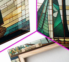 Load image into Gallery viewer, Emerald Green and Gold Art Deco Sail Boat, Framed Canvas Print, Retro MCM Style Wall Art, Midcentury Modern, Stained Glass, Huge Art

