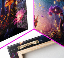 Load image into Gallery viewer, Vibrant Fantasy Forest Wall Art, The Forest Floor, Bioluminescent Glowing Butterflies, Gift, Framed Canvas Print

