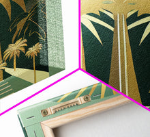 Load image into Gallery viewer, Boho Modern Frank Lloyd Wright-inspired Art Deco Canvas Print, Emerald Green and Gold Palm Tree, wall decor, wall art original, MCM Art
