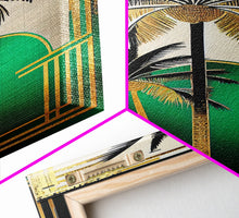 Load image into Gallery viewer, Boho Modern Frank Lloyd Wright-inspired Art Deco Canvas Print, Emerald Green and Gold Palm Tree, wall decor, wall art original, MCM Art
