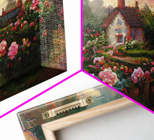 Load image into Gallery viewer, English cottage with rose garden, canvas print, cute English countryside wall art
