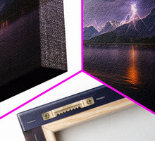 Carregar imagem no visualizador da galeria, Full moon canvas print, Lightning storm over a mountain lake at night, cool wall art, awesome wall art
