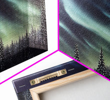 Cargar imagen en el visor de la galería, Aurora borealis over a snowy northern forest, canvas print, scenic winter landscape art, northern lights
