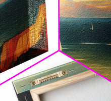 Carregar imagem no visualizador da galeria, Canvas print of sail boats on the ocean, sailing at sunset, cool lakehouse art, living room wall art, sailboats, watercolor
