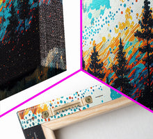 Cargar imagen en el visor de la galería, Extra large 24 x 72 wall art, framed canvas print, abstract pine tree forest painting, painting of a forest fire against a starry night sky
