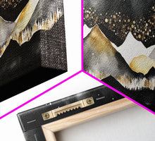 Cargar imagen en el visor de la galería, Black &amp; Gold Mountain Landscape Painting, Framed Canvas Print, Panoramic Art, Extra Wide Art, Center Piece Decor, Above Fireplace or Sofa
