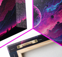 Load image into Gallery viewer, Beautiful Science Fiction Wall Art, Synthwave Style Scifi Art, Framed Canvas Print, Panoramic Alien Worlds and Star Filled Night Sky
