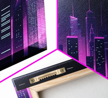 Cargar imagen en el visor de la galería, Big City Wall Art | Framed Canvas Print | Living room art | Office decor | Buildings | Outrun Style | Landscape | Night | Pop Art | City
