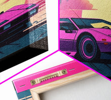 Cargar imagen en el visor de la galería, Classic sport car Wall Art, Framed Canvas Print, Guest room art, Beautiful sunset, Synthwave Style, Pink Colors, Pop Art Style, Tropical art
