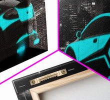 Cargar imagen en el visor de la galería, City Skyline Wall Art, Teal Sports Car,  Abstract Urban Art, Cityscape Art, Dark Night Large Urban Art, Panoramic, Wall Art, Canvas Print
