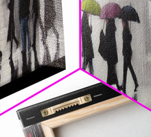 Load image into Gallery viewer, Crowd Walking With Umbrellas Canvas Print, Raining City Art, Urban Art, Large Urban Art Print, Wall Decor, Panoramic, Wall Art, Canvas Print
