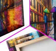 Cargar imagen en el visor de la galería, Colorful Umbrellas City Canvas Print, Large Urban Art Print, Two People Walking On Street, Vibrant Art, Panoramic, Wall Art, Canvas Print
