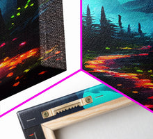 Load image into Gallery viewer, Luminescent magical forest canvas print, glowing trail though the trees, fantasy art
