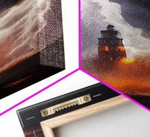 Load image into Gallery viewer, Lightning striking a burning lighthouse, canvas print, oil painting style, dark and gloomy wall art
