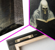 Load image into Gallery viewer, Grim Reaper Reading A Book In A Haunted Library, Framed Canvas Print, Victorian Oil Painting Style, Spooky Halloween Decor, Goth Art
