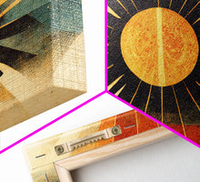 Carregar imagem no visualizador da galeria, Abstract Midcentury Modern Sunburst, Art Deco Style art, sun with rays, sun burst, boho style, 3 Piece Wall Art, Ready To Hang Canvas Print
