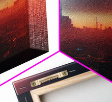 Load image into Gallery viewer, Cyberpunk Cityscape, Ready To Hang Canvas Print, Panoramic, Cyberpunk Concept Art, Cityscape at Sunset, Cool mancave art, gift for him
