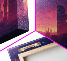 Load image into Gallery viewer, Cyberpunk Cityscape, Ready To Hang Canvas Print, Panoramic, Cyberpunk Concept Art, Cityscape at Sunset, Cool mancave art, Purplewave
