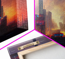 Load image into Gallery viewer, Cyberpunk Cityscape, Metropolis Art, Ready To Hang Canvas Print, Panoramic, Night City Watercolor Concept Art
