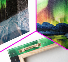 Carregar imagem no visualizador da galeria, Aurora Borealis, Northern Lights Panoramic Framed Canvas Print, Beautiful Winter Wonderland Landscape Painting
