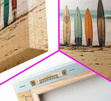 Carregar imagem no visualizador da galeria, Boho Beach Decor, Framed Canvas Print, Retro Surf Boards In The Sand, Living Room Decor, Gift For Him, Surfer Gift
