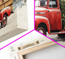 Cargar imagen en el visor de la galería, Christmas Tree Delivery - Retro Farmhouse Christmas Decor - Old Red Truck Delivering Christmas Trees - Framed Canvas Print - Holiday Decor
