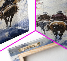 Load image into Gallery viewer, Cowboys Riding Into Town On Christmas, Western Christmas Decor, Framed Canvas Print, Christmas Outdoor Decor, Christmas poster
