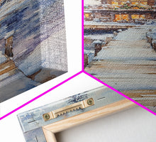 Cargar imagen en el visor de la galería, Christmas At The Lake, Framed Canvas Print, Wood Frame Lake House Decor, Winter Lakehouse Art
