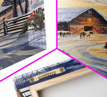 Cargar imagen en el visor de la galería, Christmas On The Farm, Winter Wall Art Framed Canvas Print, Gift Idea, Seasonal Decor, Barn Painting, Farmhouse Art

