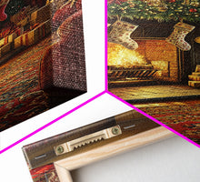 Load image into Gallery viewer, Cozy Christmas Mantle Decor Framed Canvas Print With Stockings Hanging And Presents By The Fire, Seasonal Holiday Wall Art Farmhouse Style
