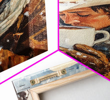 Load image into Gallery viewer, Cowboy Drinking Hot Cocoa Framed Canvas Print - Cozy Winter Wall Art 2024 Rustic Christmas Decor and Gift Idea
