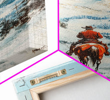 Load image into Gallery viewer, Cowboy Riding Through Snowy Mountains Framed Canvas Print Christmas Wall Art Winter Wonderland Decor Seasonal Wall Art Christmas Gift Idea
