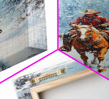 Load image into Gallery viewer, Cowboy Walking Through Snowy Winter Forest Canvas Print, Western Christmas Art Gift, Holiday Wall Decor, Rustic Art, Framed Canvas Print
