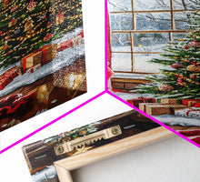 Load image into Gallery viewer, Cozy Cabin Fireplace With Christmas Tree Framed Canvas Print Christmas Wall Art Farmhouse Christmas Decor Holiday Gift Christmas Tree Art
