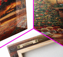 Cargar imagen en el visor de la galería, Children By Fireplace And Christmas Tree Framed Canvas Print Cozy Holiday Home Decor With Warm Fire And Festive Decorations Christmas Art
