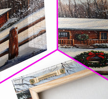 Load image into Gallery viewer, Snowy Log Cabin With Wreath And Fence Framed Canvas Print Rustic Winter Scene With Cozy Cabin In Snow Perfect Christmas Home Decor Wall Art
