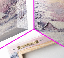 Load image into Gallery viewer, Pink Snowy Cabin Landscape Framed Canvas Print Wall Art Winter Wonderland Decor, Christmas Art Gift, Rustic Winter Scene Art
