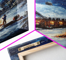 Load image into Gallery viewer, Cowboy Christmas by the Fire Framed Canvas Print, Western Holiday Decor with Snowy Cabin, Cozy Art Perfect for Rustic Christmas Winter Decor
