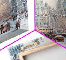 Cargar imagen en el visor de la galería, Historical City Winter Framed Canvas Print, Snowy Urban Landscape with Carriages and Victorian Architecture, Elegant Christmas Wall Art
