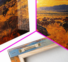 Load image into Gallery viewer, Cowboy Riders at Dusk Framed Canvas Print, Warm Sunset Western Scene with Riders on the Plains, Fall Decor Ranch Homes and Country Wall Art
