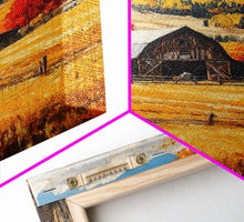 Load image into Gallery viewer, Countryside Barn in Autumn Framed Canvas Print, Bright Fall Landscape Birch Trees, Rustic Wall Art Country Home or Farmhouse Autumn Decor
