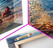 Cargar imagen en el visor de la galería, Christmas by the Bonfire Framed Canvas Print Family Gathering Around Christmas Tree Beach, Coastal Holiday Wall Art Nautical Christmas Decor
