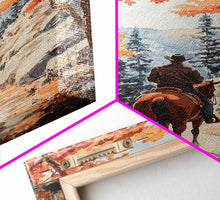 Load image into Gallery viewer, Cowboy riding through autumn forest, Framed Canvas Print, fall landscape wall art, western style decor for cozy homes, perfect gift idea
